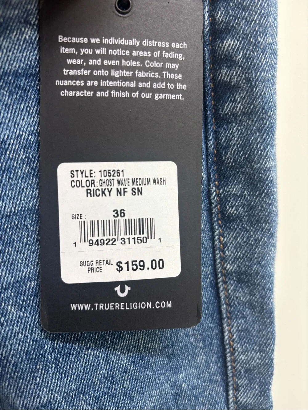 True Religion Ricky Relaxed Straight Jeans Men’s 36 NWT Ghost Wave Medium Wash